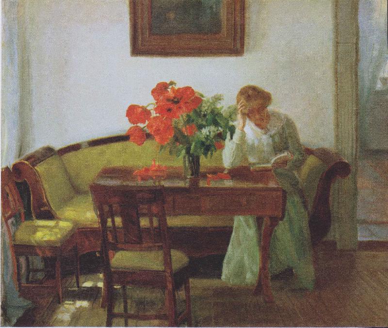 Anna Ancher Interior with poppies and reading woman China oil painting art